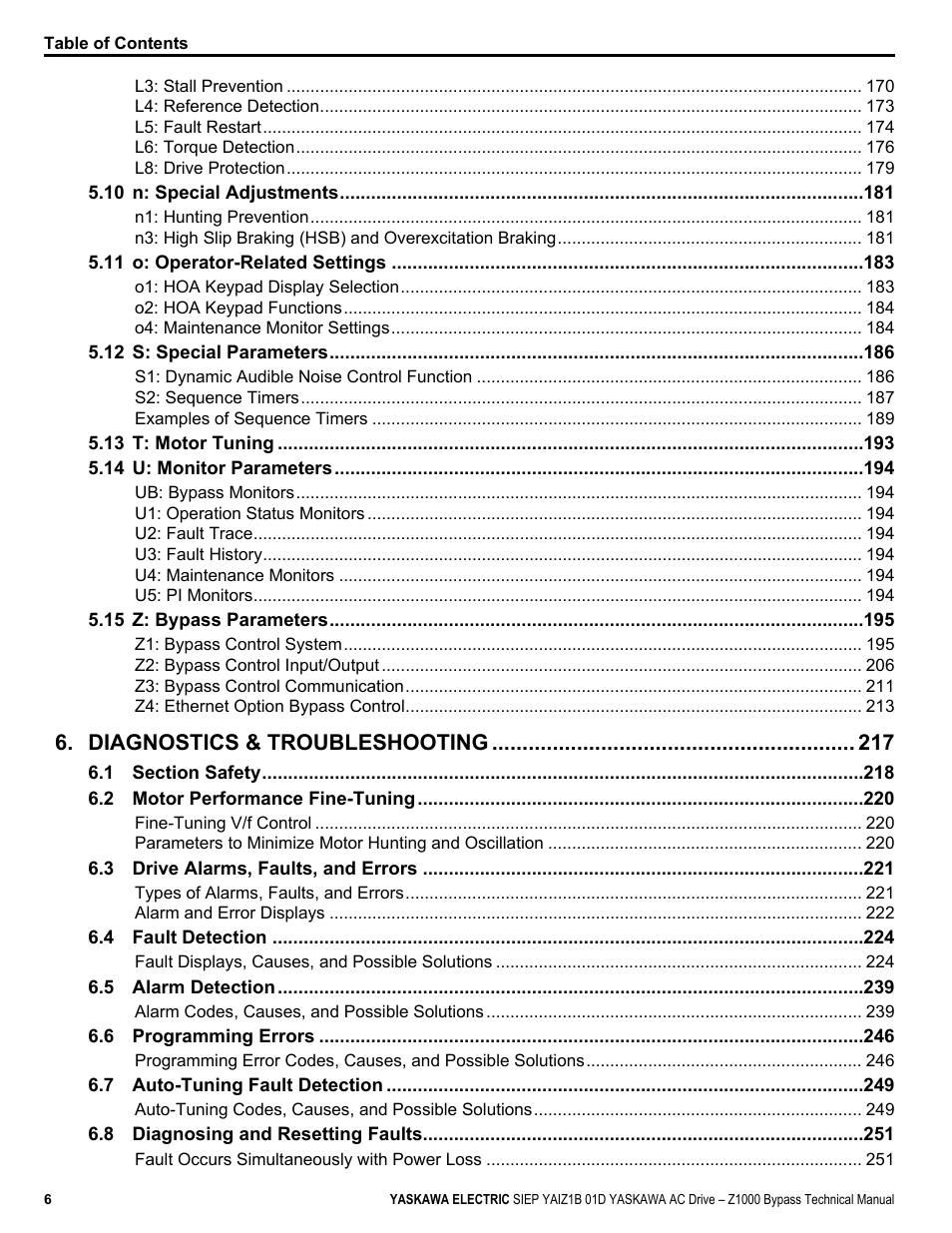 Diagnostics & troubleshooting | Yaskawa AC Drive Z1000 Bypass Technical Manual User Manual | Page 6 / 462