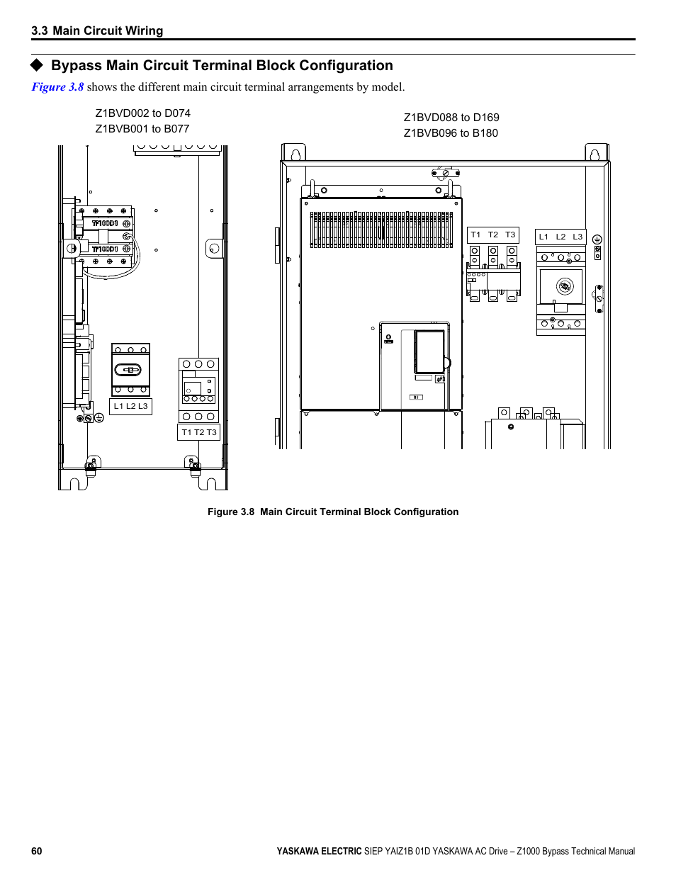 Bypass main circuit terminal block configuration | Yaskawa AC Drive Z1000 Bypass Technical Manual User Manual | Page 60 / 462