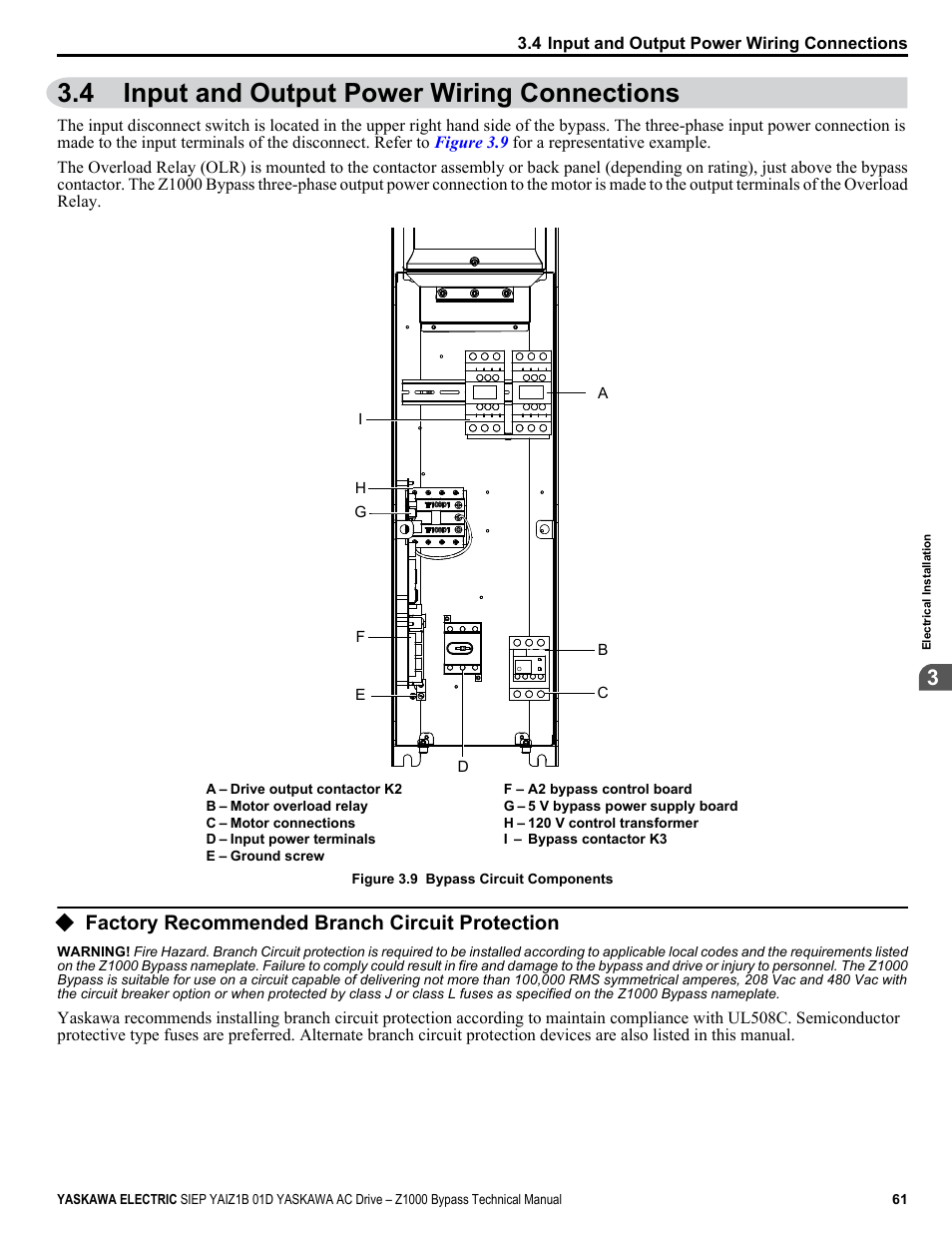 Input and output power wiring connections, Factory recommended branch circuit protection, 4 input and output power wiring connections | Yaskawa AC Drive Z1000 Bypass Technical Manual User Manual | Page 61 / 462