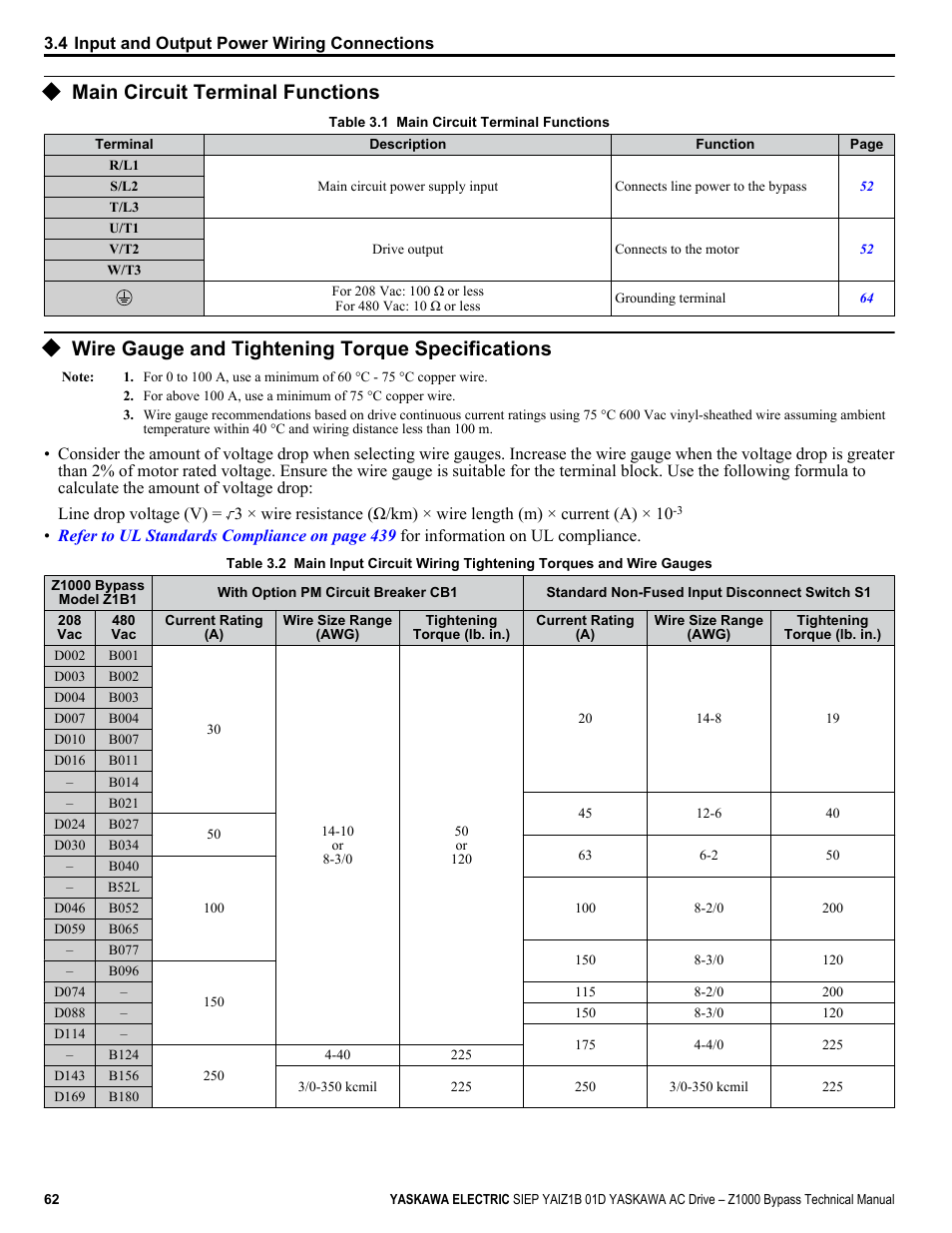 Main circuit terminal functions, Wire gauge and tightening torque specifications | Yaskawa AC Drive Z1000 Bypass Technical Manual User Manual | Page 62 / 462