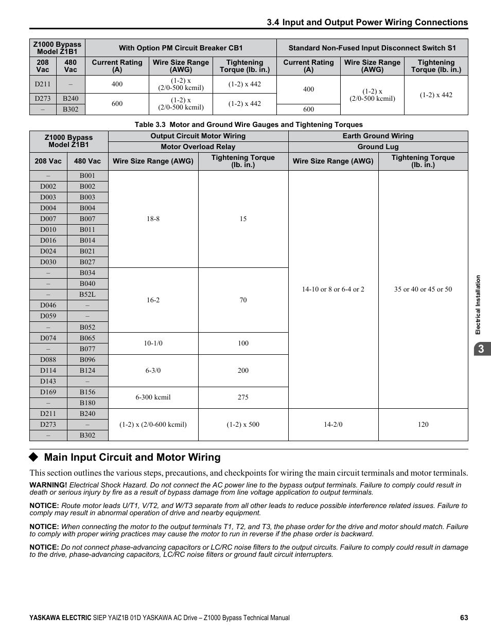 Main input circuit and motor wiring | Yaskawa AC Drive Z1000 Bypass Technical Manual User Manual | Page 63 / 462