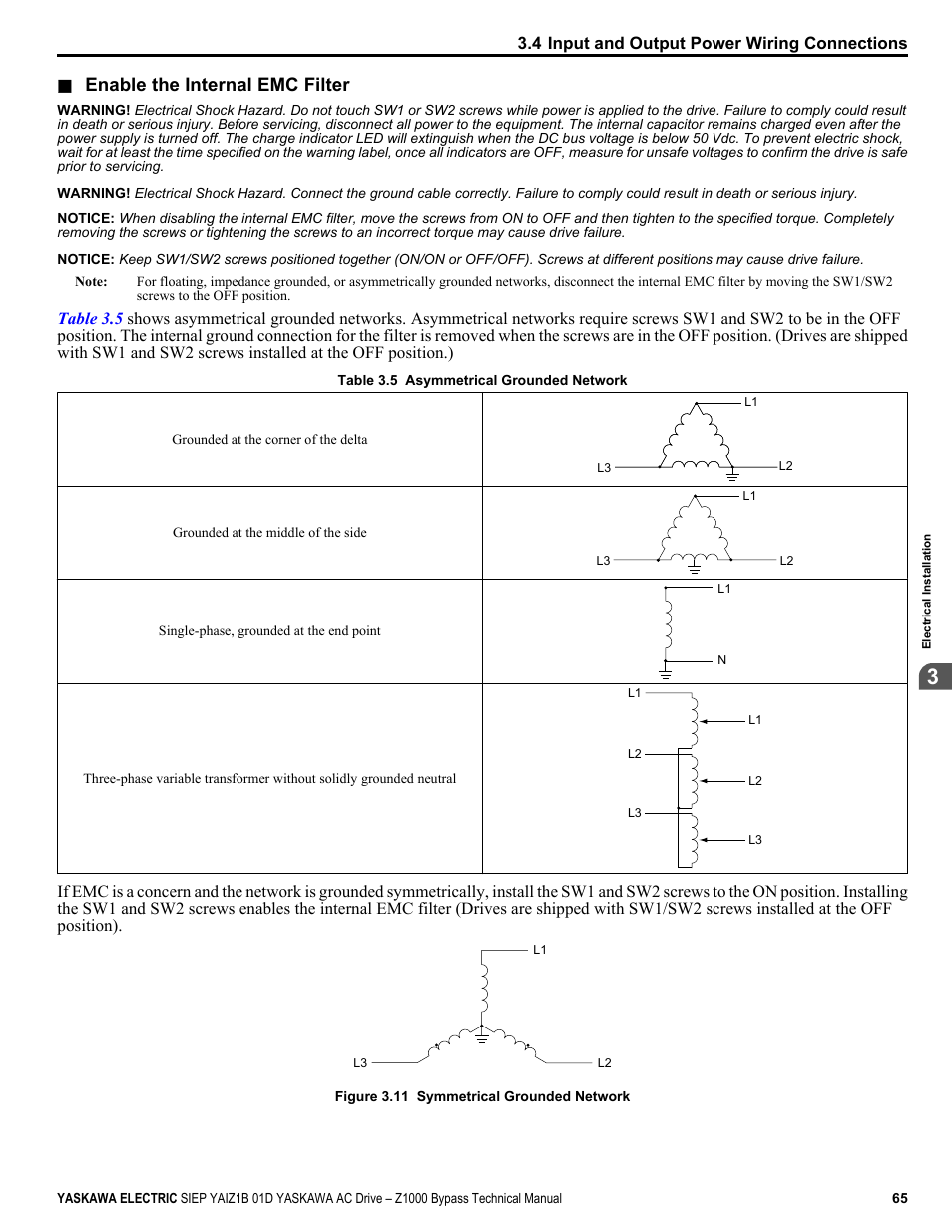 Enable the internal emc filter | Yaskawa AC Drive Z1000 Bypass Technical Manual User Manual | Page 65 / 462