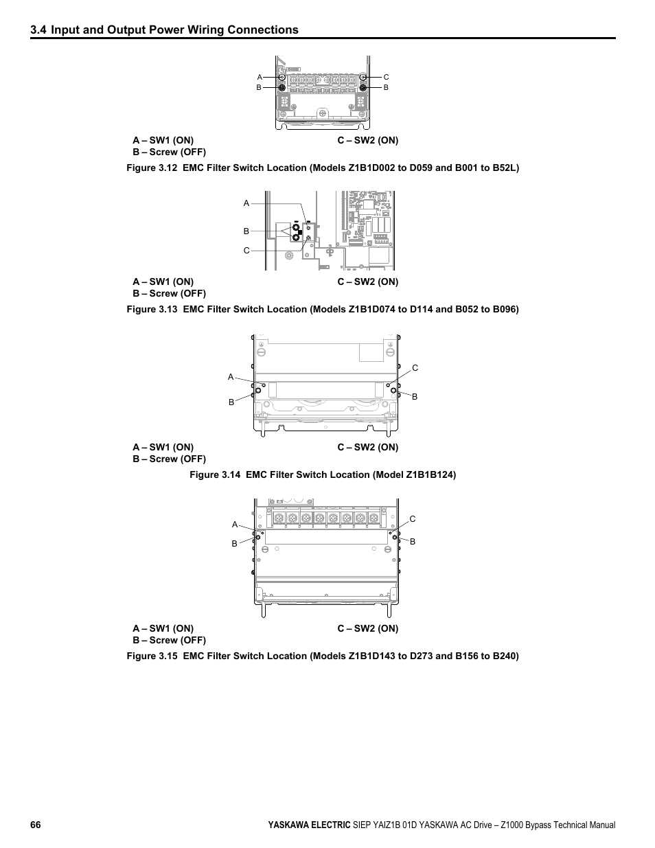 4 input and output power wiring connections | Yaskawa AC Drive Z1000 Bypass Technical Manual User Manual | Page 66 / 462