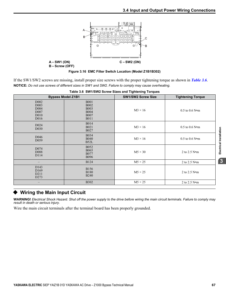 Wiring the main input circuit | Yaskawa AC Drive Z1000 Bypass Technical Manual User Manual | Page 67 / 462