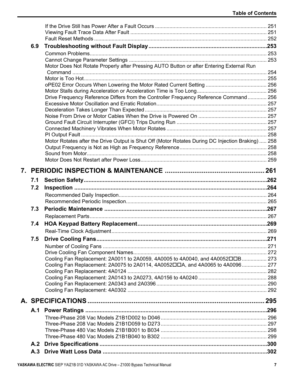 Periodic inspection & maintenance, A. specifications | Yaskawa AC Drive Z1000 Bypass Technical Manual User Manual | Page 7 / 462