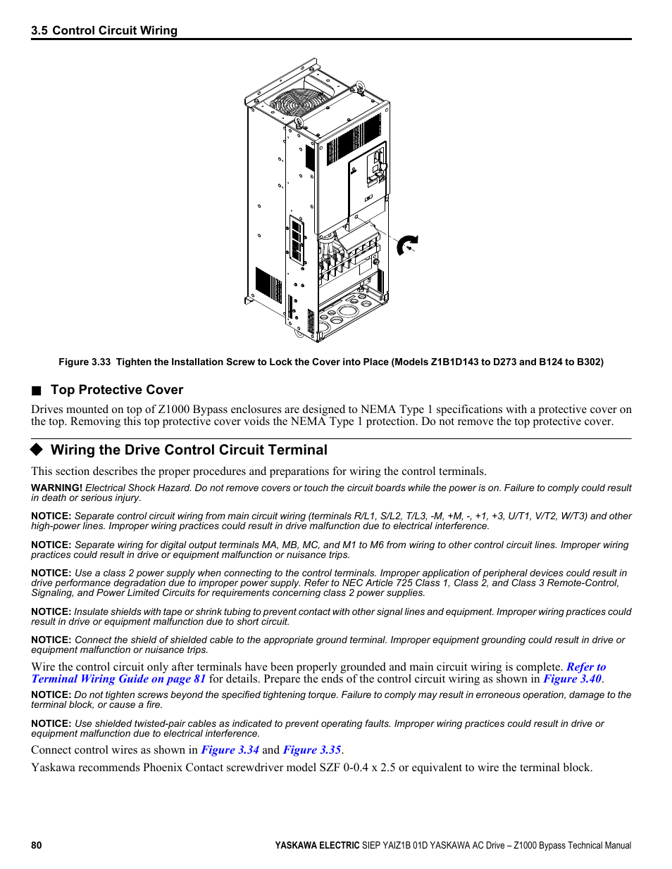 Wiring the drive control circuit terminal | Yaskawa AC Drive Z1000 Bypass Technical Manual User Manual | Page 80 / 462