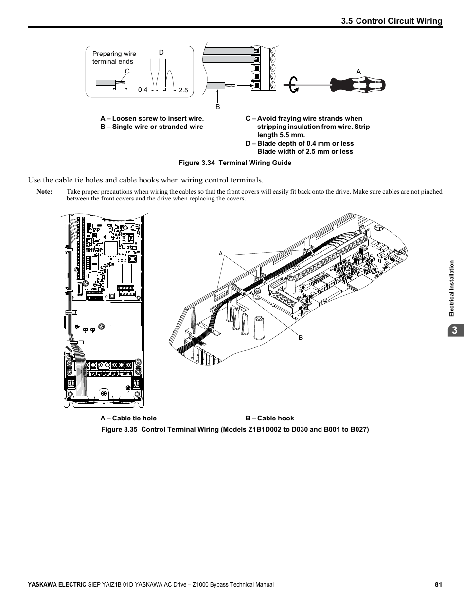 Refer to, Connect control wires as shown in, Figure 3.34 | Figure 3.35 | Yaskawa AC Drive Z1000 Bypass Technical Manual User Manual | Page 81 / 462