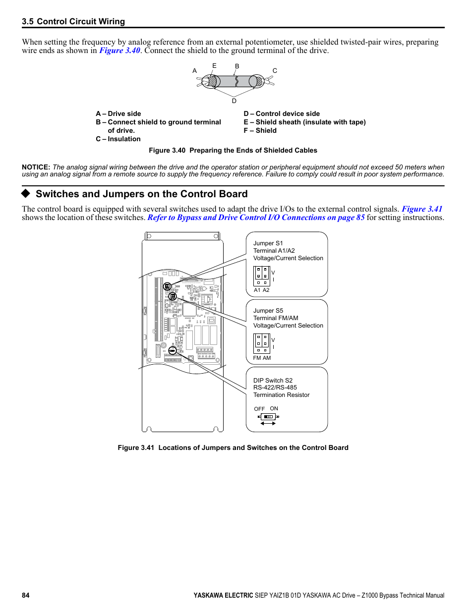 Switches and jumpers on the control board, Figure 3.40 | Yaskawa AC Drive Z1000 Bypass Technical Manual User Manual | Page 84 / 462