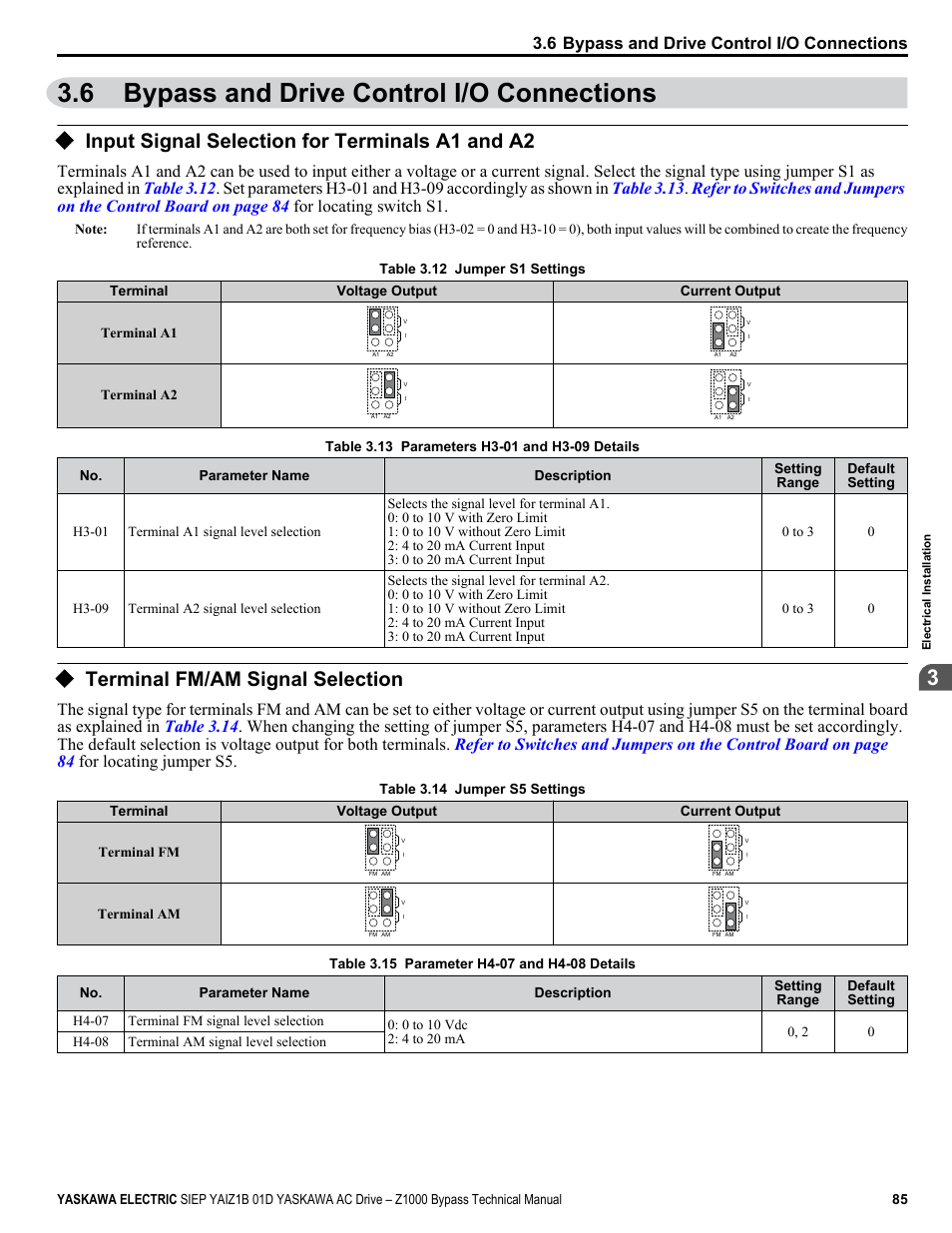 Bypass and drive control i/o connections, Input signal selection for terminals a1 and a2, Terminal fm/am signal selection | 6 bypass and drive control i/o connections, Switches | Yaskawa AC Drive Z1000 Bypass Technical Manual User Manual | Page 85 / 462