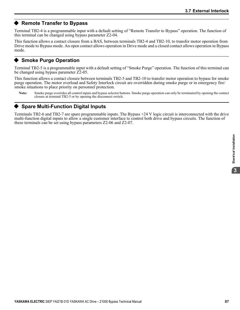 Remote transfer to bypass, Smoke purge operation, Spare multi-function digital inputs | Yaskawa AC Drive Z1000 Bypass Technical Manual User Manual | Page 87 / 462