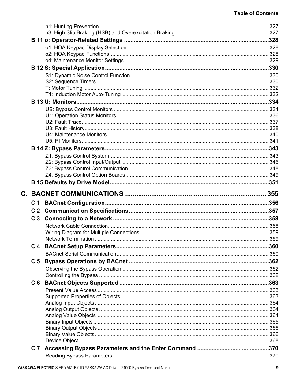C. bacnet communications | Yaskawa AC Drive Z1000 Bypass Technical Manual User Manual | Page 9 / 462