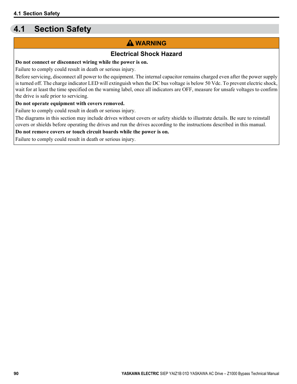 Section safety, 1 section safety | Yaskawa AC Drive Z1000 Bypass Technical Manual User Manual | Page 90 / 462