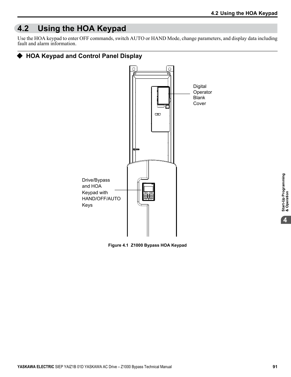 Using the hoa keypad, Hoa keypad and control panel display, 2 using the hoa keypad | Yaskawa AC Drive Z1000 Bypass Technical Manual User Manual | Page 91 / 462