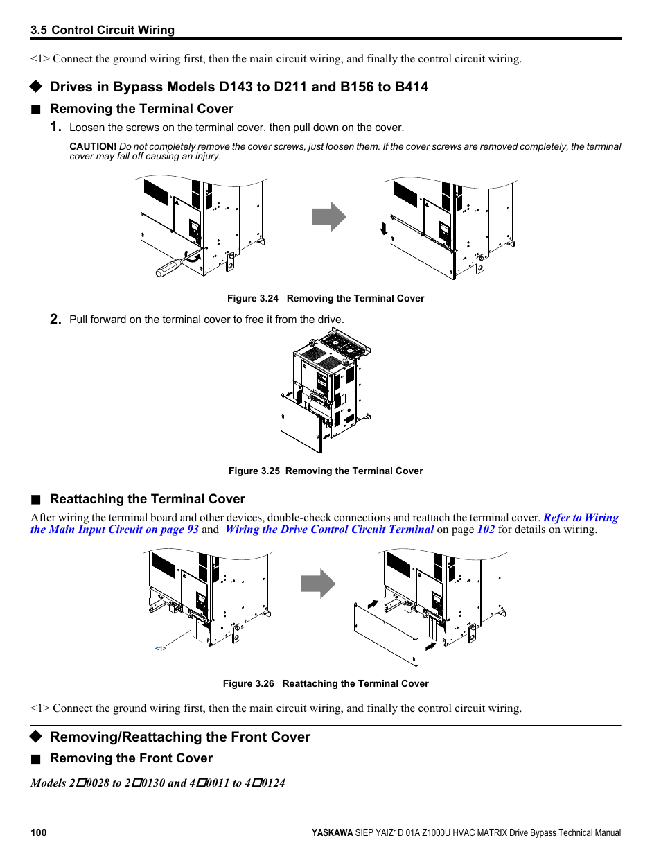 Removing/reattaching the front cover | Yaskawa Z1000U HVAC Matrix Bypass User Manual | Page 100 / 472