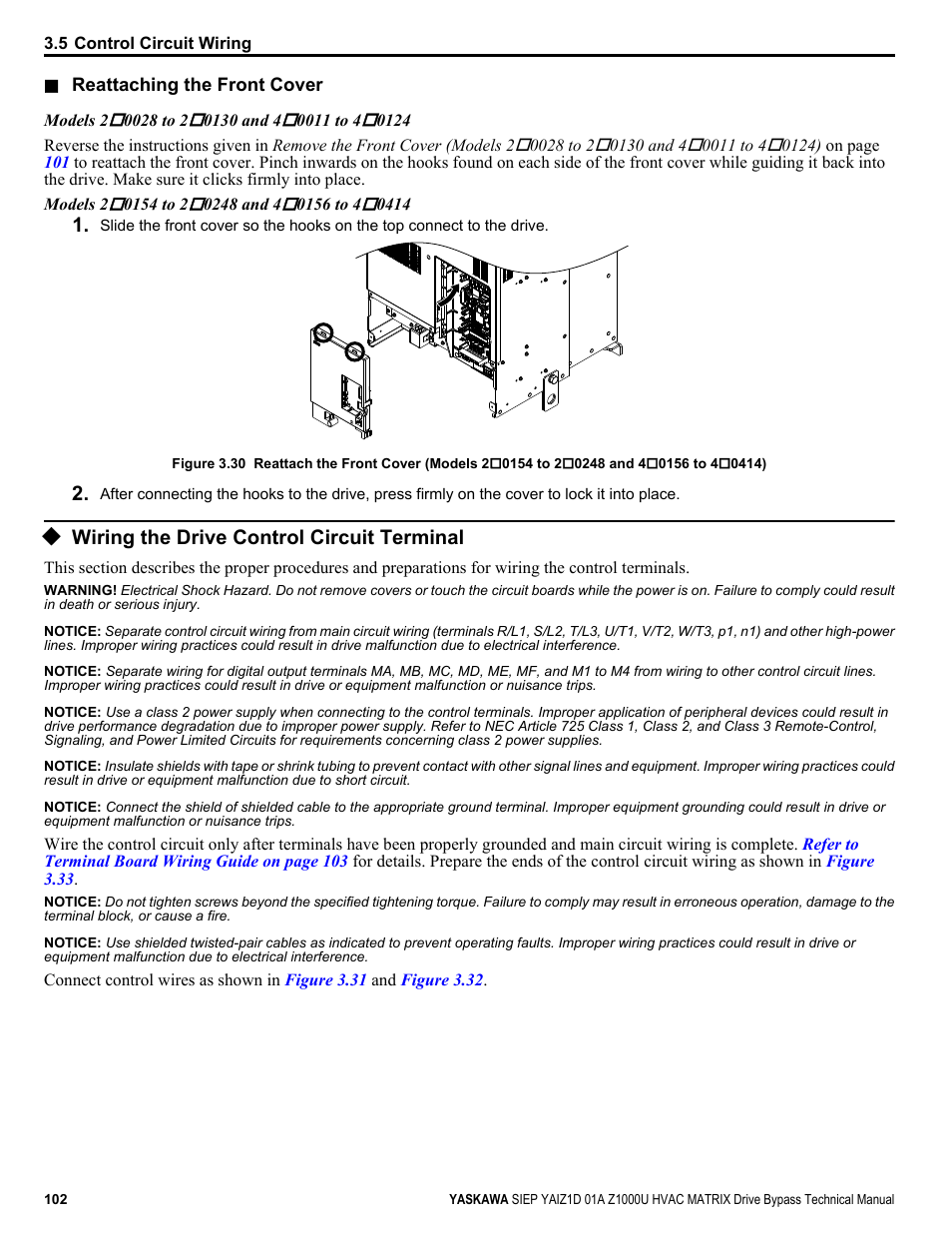 Wiring the drive control circuit terminal, For details on wiring | Yaskawa Z1000U HVAC Matrix Bypass User Manual | Page 102 / 472