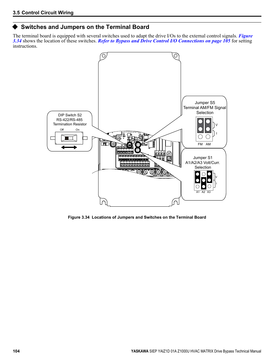 Switches and jumpers on the terminal board, 5 control circuit wiring | Yaskawa Z1000U HVAC Matrix Bypass User Manual | Page 104 / 472