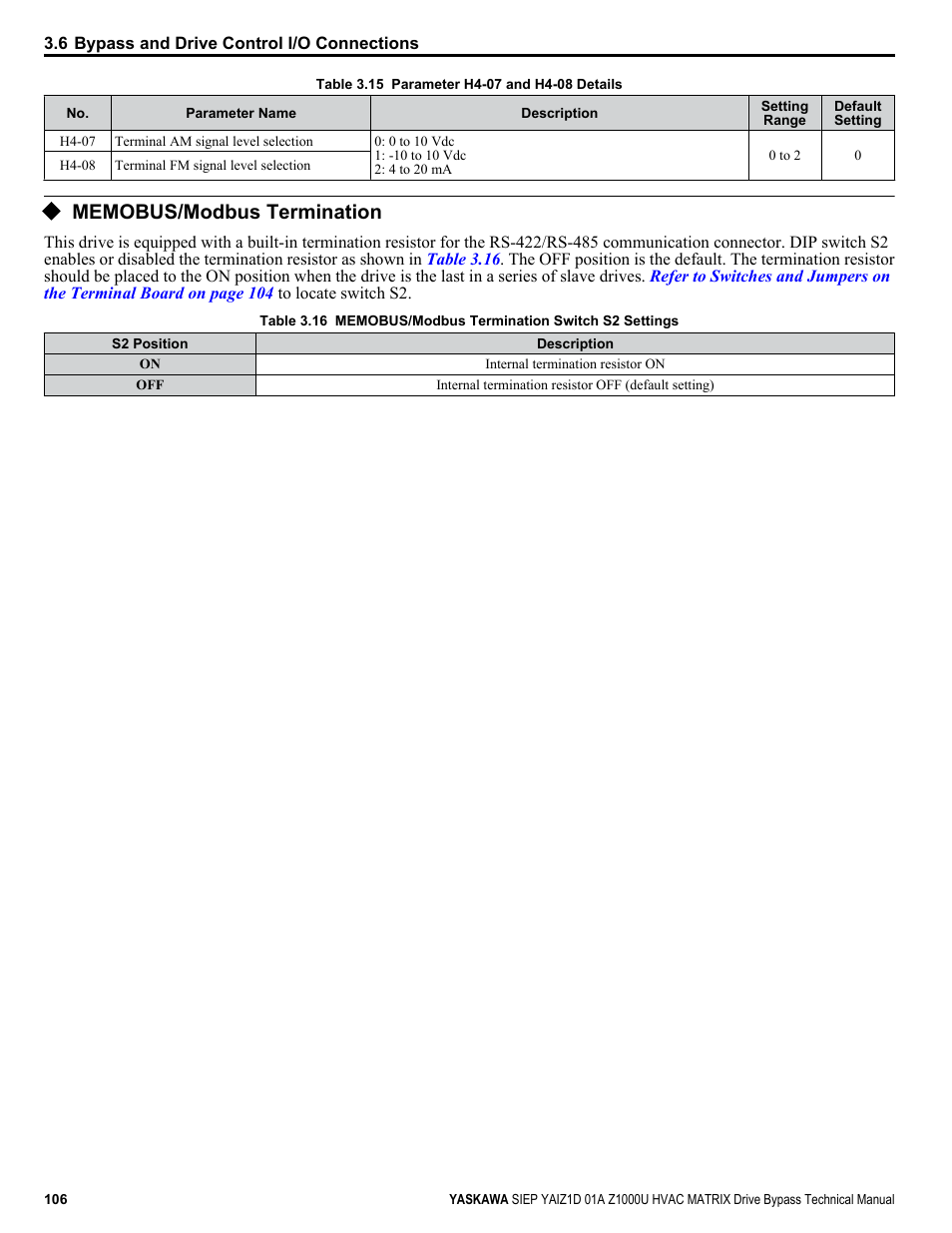 Memobus/modbus termination | Yaskawa Z1000U HVAC Matrix Bypass User Manual | Page 106 / 472