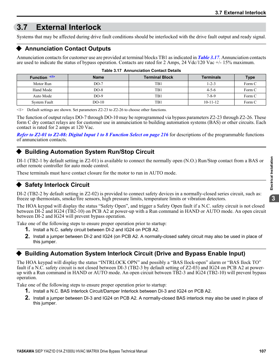 External interlock, Annunciation contact outputs, Building automation system run/stop circuit | Safety interlock circuit, 7 external interlock | Yaskawa Z1000U HVAC Matrix Bypass User Manual | Page 107 / 472