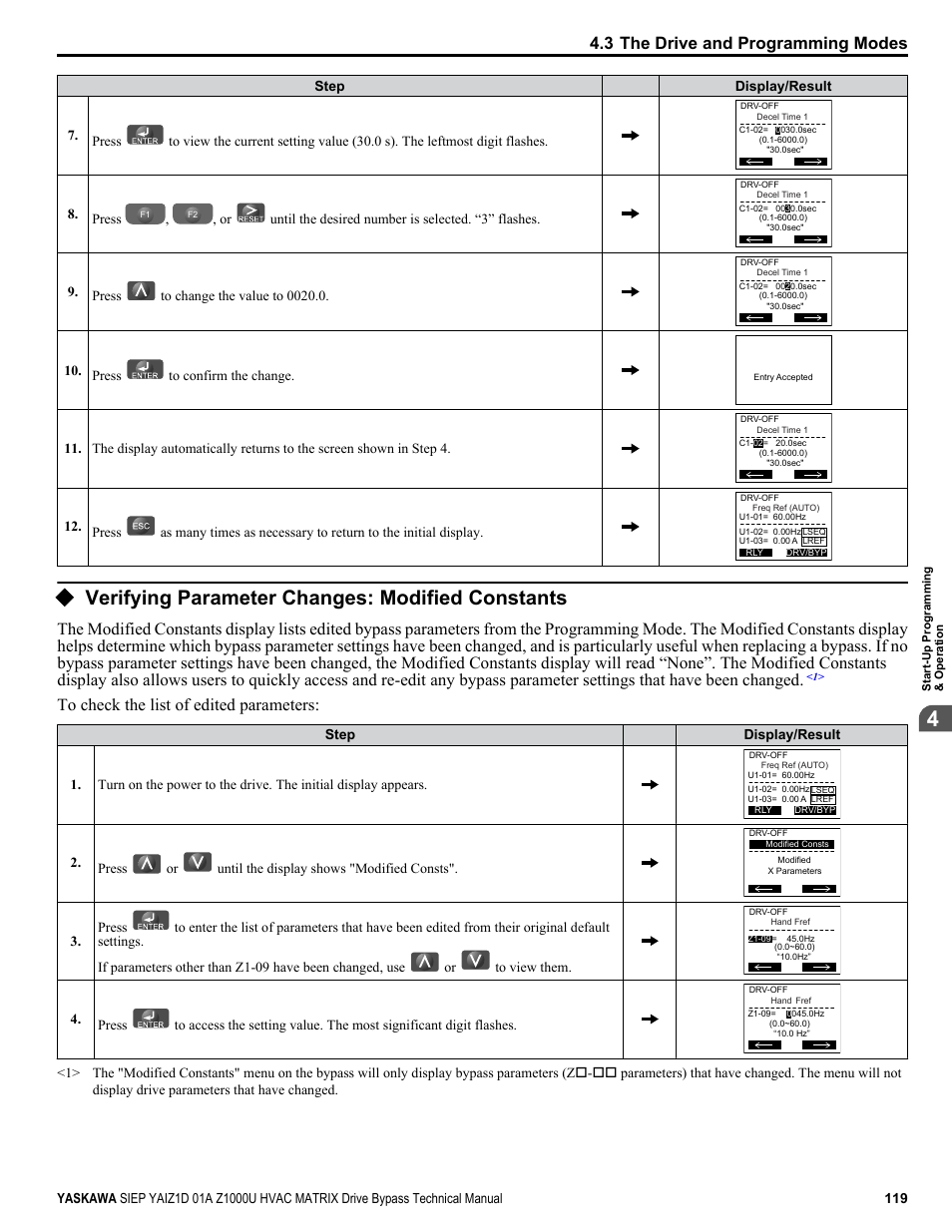 Verifying parameter changes, Verifying parameter changes: modified constants, 3 the drive and programming modes | Yaskawa Z1000U HVAC Matrix Bypass User Manual | Page 119 / 472