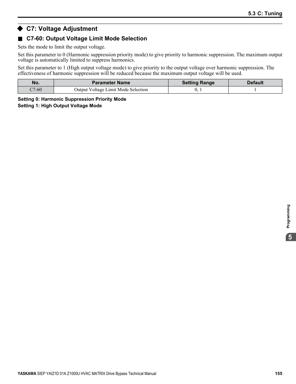C7: voltage adjustment | Yaskawa Z1000U HVAC Matrix Bypass User Manual | Page 155 / 472