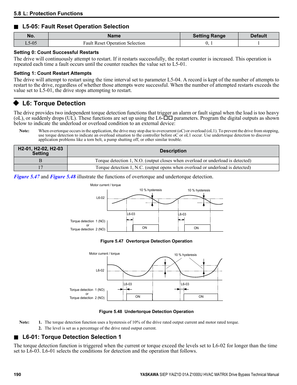 L6: torque detection, For details on torque detection, L5-05: fault reset operation selection | L6-01: torque detection selection 1 | Yaskawa Z1000U HVAC Matrix Bypass User Manual | Page 190 / 472