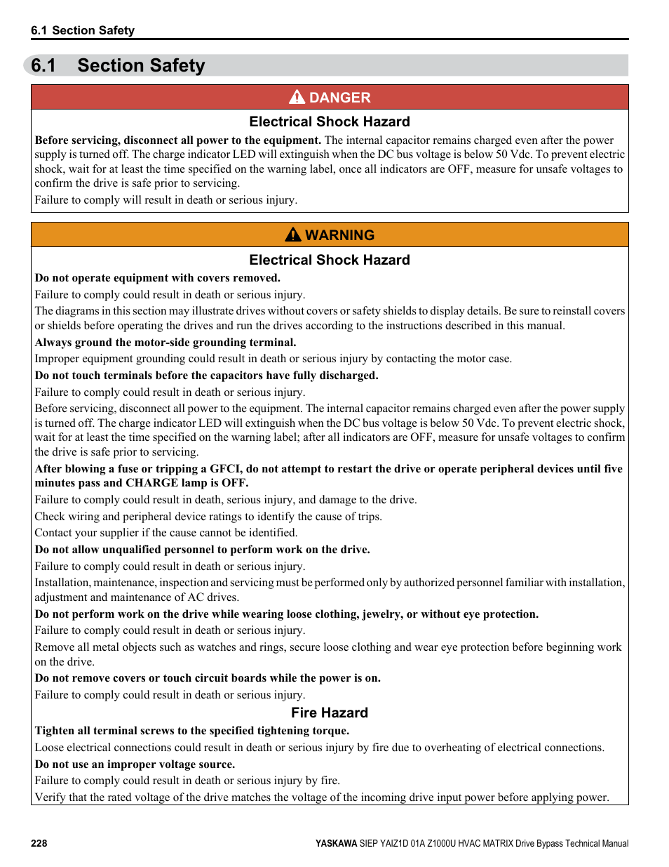 Section safety, 1 section safety | Yaskawa Z1000U HVAC Matrix Bypass User Manual | Page 228 / 472