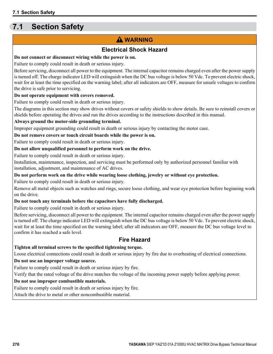 Section safety, 1 section safety | Yaskawa Z1000U HVAC Matrix Bypass User Manual | Page 276 / 472