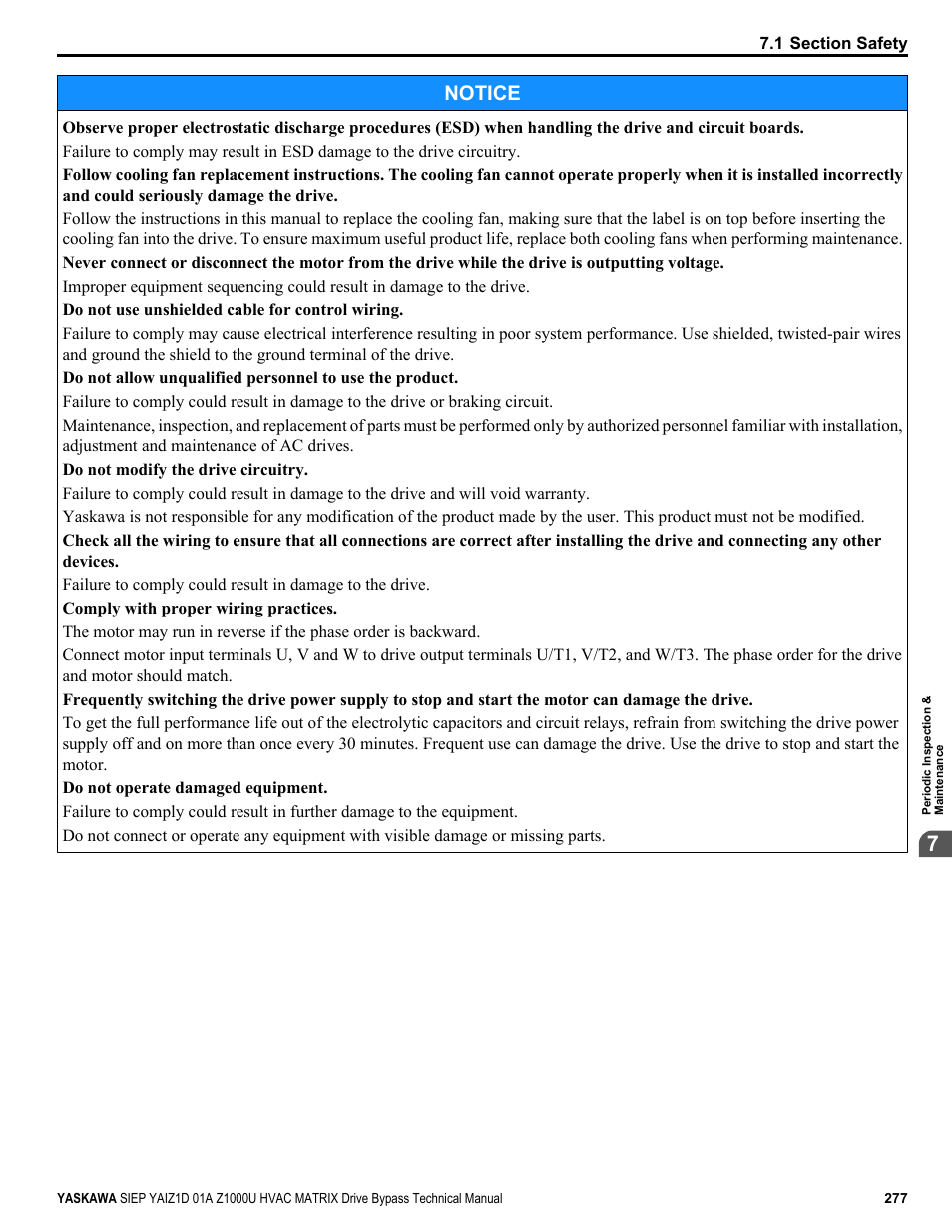 Notice | Yaskawa Z1000U HVAC Matrix Bypass User Manual | Page 277 / 472