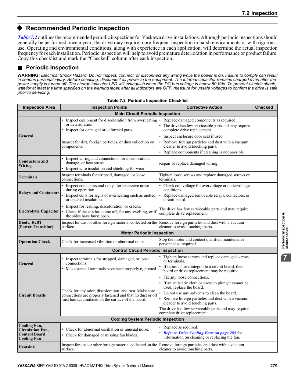Recommended periodic inspection, Periodic inspection | Yaskawa Z1000U HVAC Matrix Bypass User Manual | Page 279 / 472