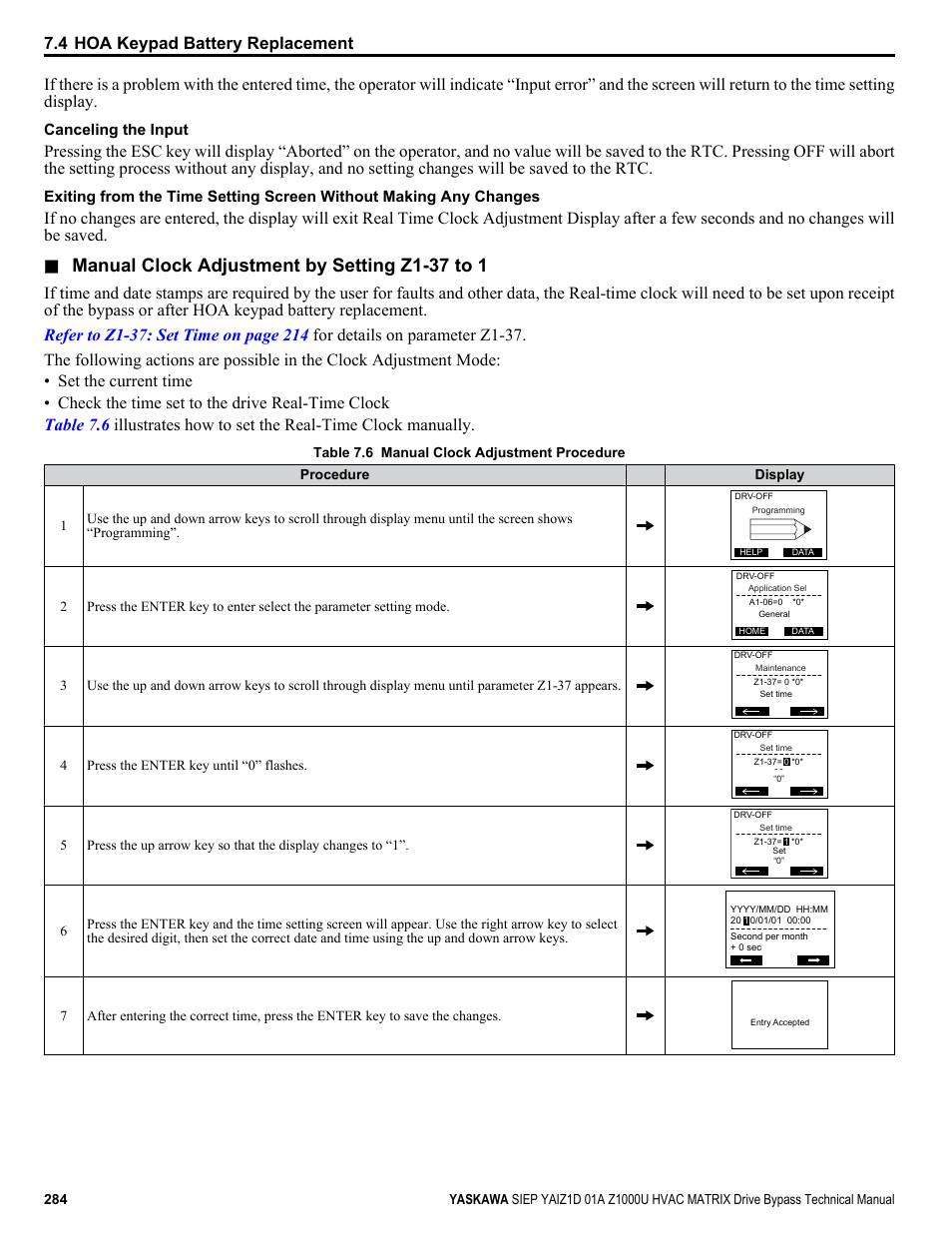 Adjust the real-time clock, Manual clock adjustment by setting z1-37 to 1, 4 hoa keypad battery replacement | Yaskawa Z1000U HVAC Matrix Bypass User Manual | Page 284 / 472