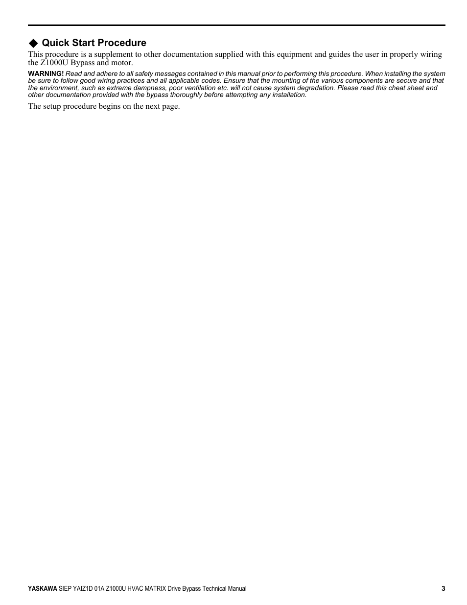 Quick start procedure | Yaskawa Z1000U HVAC Matrix Bypass User Manual | Page 3 / 472