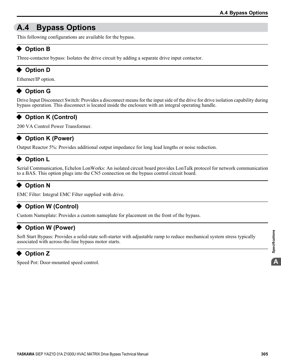 Bypass options, Option b, Option d | Option g, Option k (control), Option k (power), Option l, Option n, Option w (control), Option w (power) | Yaskawa Z1000U HVAC Matrix Bypass User Manual | Page 305 / 472