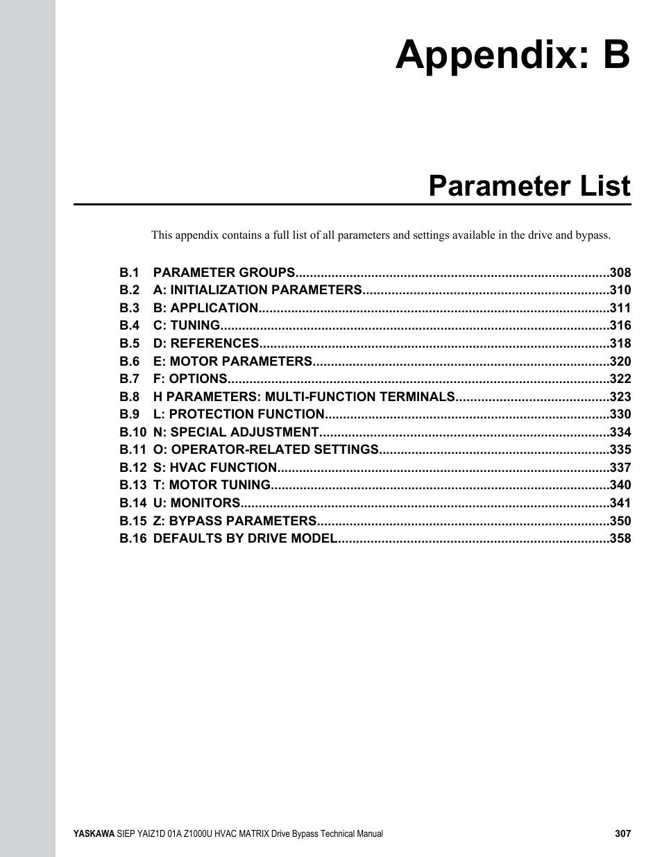 Parameter list, B. parameter list, Appendix: b | Yaskawa Z1000U HVAC Matrix Bypass User Manual | Page 307 / 472
