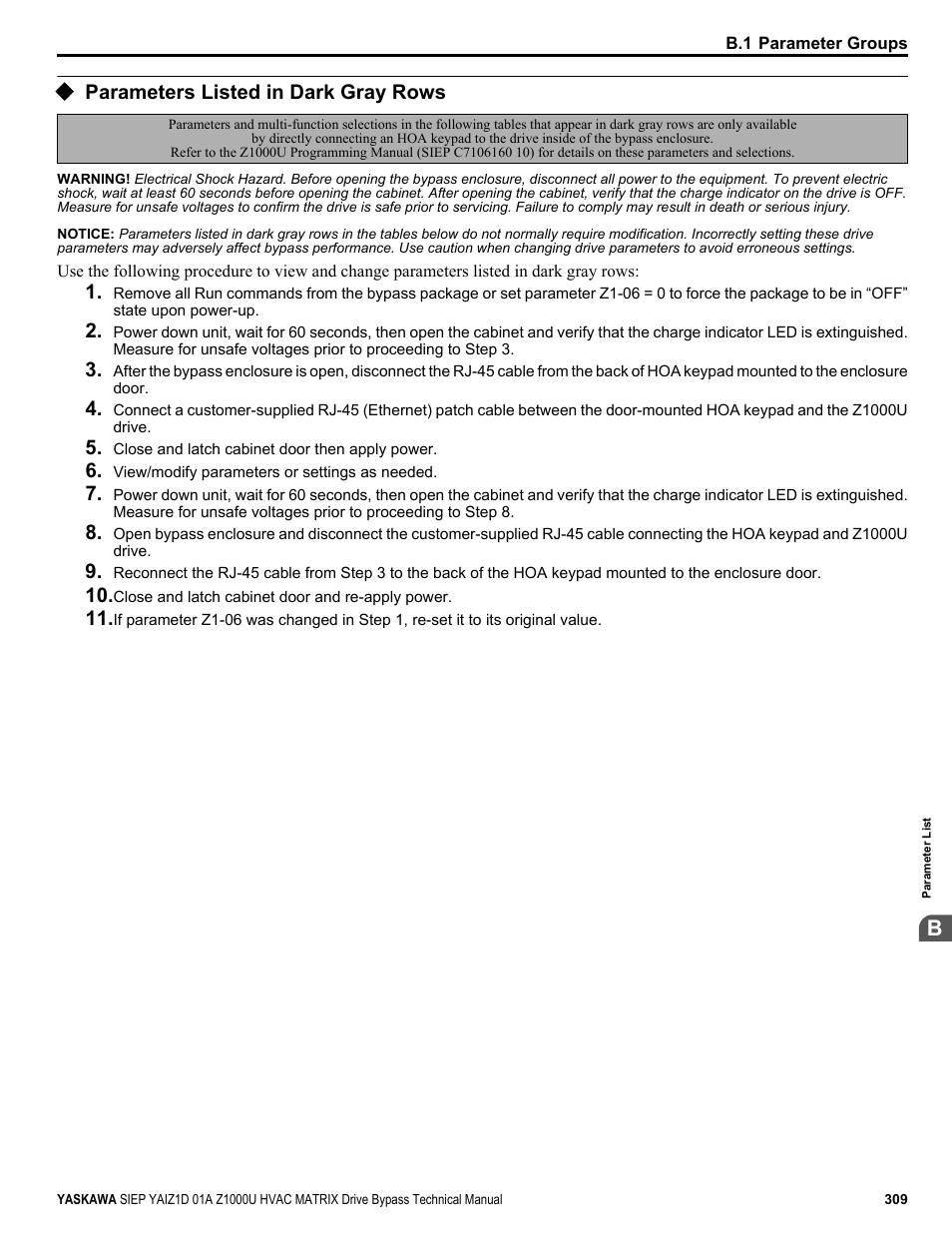 Parameters listed in dark gray rows | Yaskawa Z1000U HVAC Matrix Bypass User Manual | Page 309 / 472