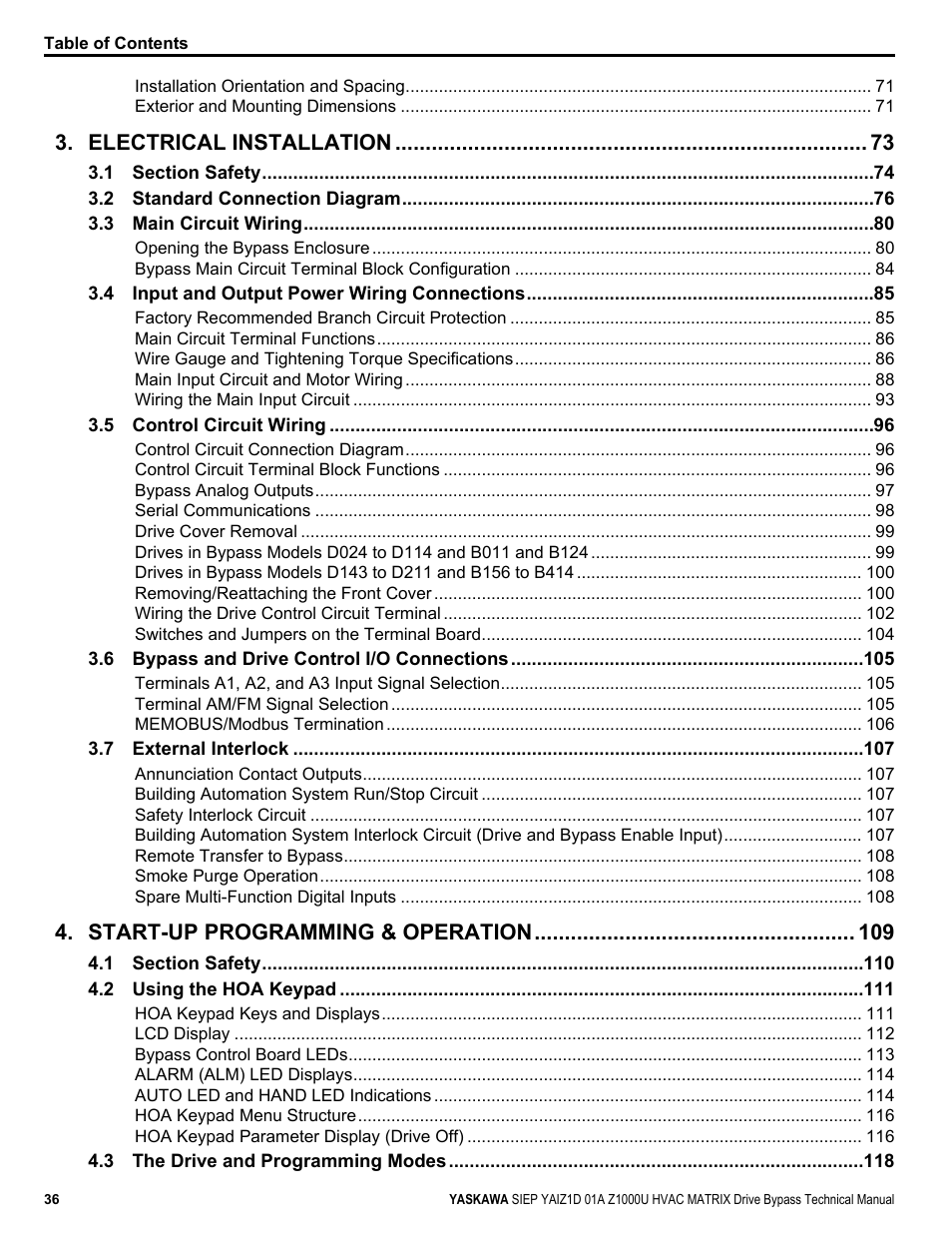 Electrical installation, Start-up programming & operation | Yaskawa Z1000U HVAC Matrix Bypass User Manual | Page 36 / 472