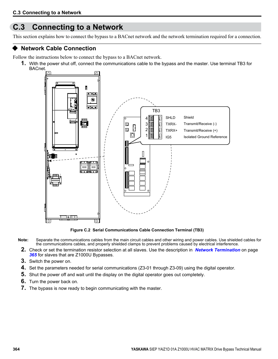 Connecting to a network, Network cable connection, C.3 connecting to a network | Yaskawa Z1000U HVAC Matrix Bypass User Manual | Page 364 / 472
