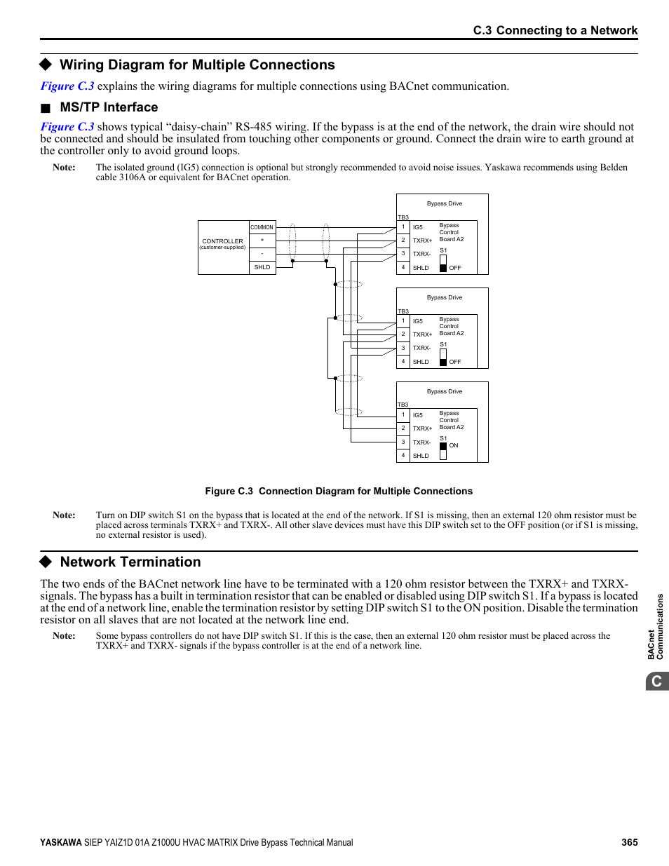 Wiring diagram for multiple connections, Network termination, Ms/tp interface | C.3 connecting to a network | Yaskawa Z1000U HVAC Matrix Bypass User Manual | Page 365 / 472