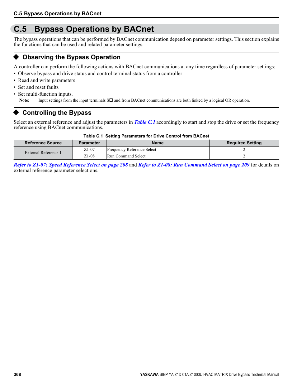 Bypass operations by bacnet, Observing the bypass operation, Controlling the bypass | C.5 bypass operations by bacnet | Yaskawa Z1000U HVAC Matrix Bypass User Manual | Page 368 / 472