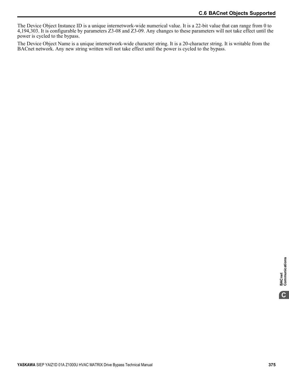 Yaskawa Z1000U HVAC Matrix Bypass User Manual | Page 375 / 472