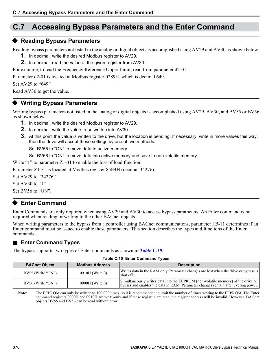 Accessing bypass parameters and the enter command, Reading bypass parameters, Writing bypass parameters | Enter command | Yaskawa Z1000U HVAC Matrix Bypass User Manual | Page 376 / 472