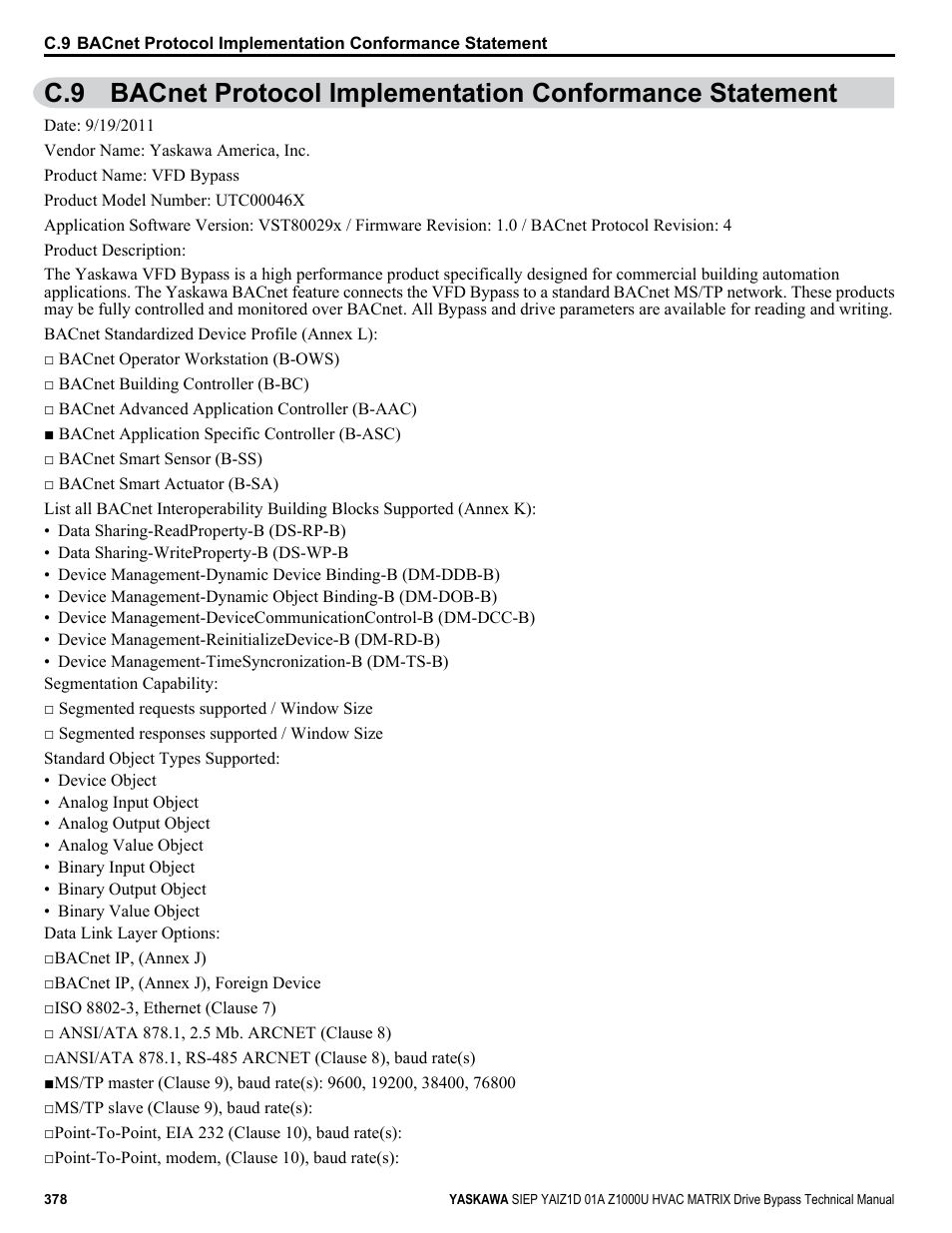 Yaskawa Z1000U HVAC Matrix Bypass User Manual | Page 378 / 472