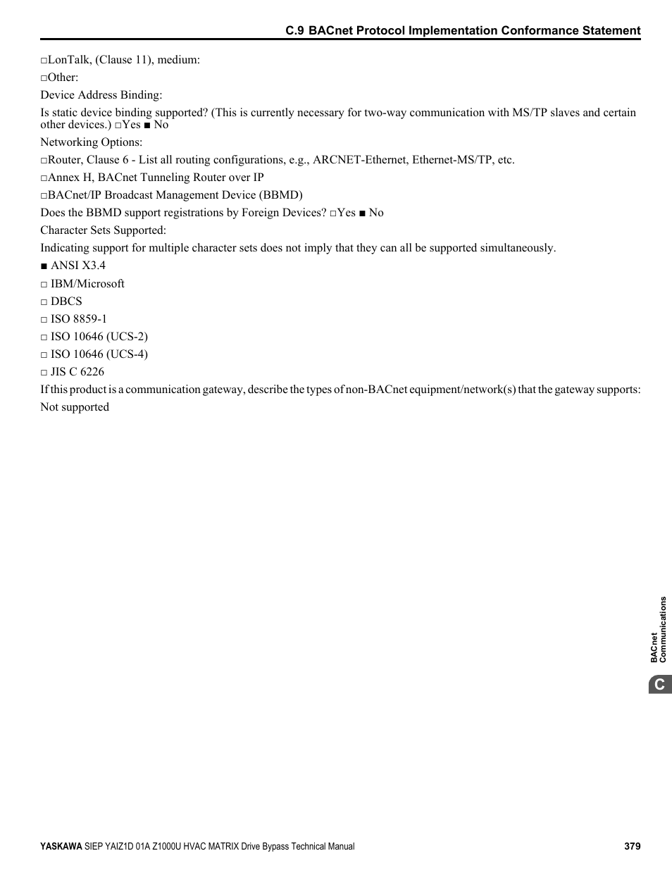 Yaskawa Z1000U HVAC Matrix Bypass User Manual | Page 379 / 472