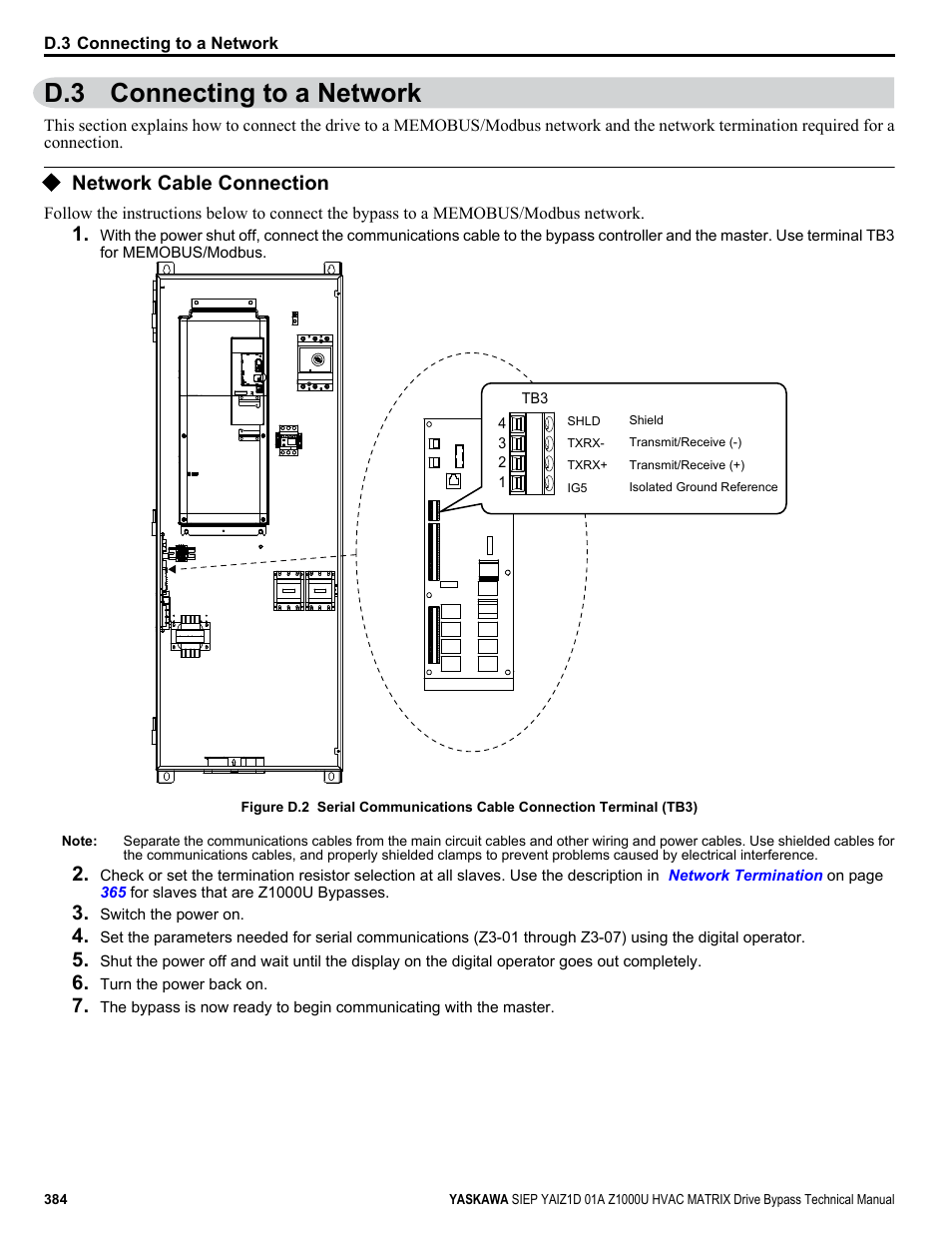 Connecting to a network, Network cable connection, D.3 connecting to a network | Yaskawa Z1000U HVAC Matrix Bypass User Manual | Page 384 / 472