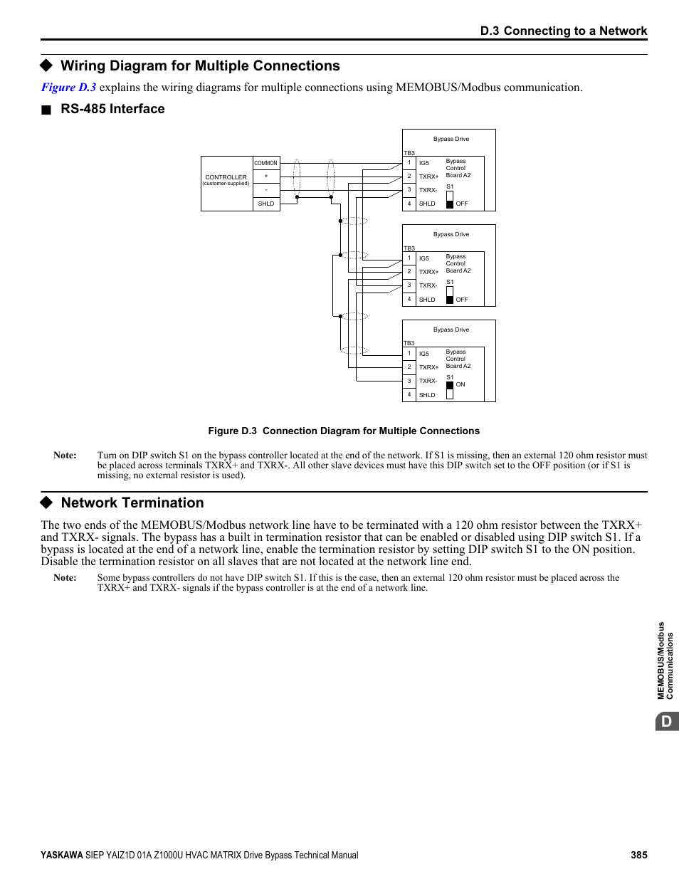 Wiring diagram for multiple connections, Network termination, Rs-485 interface | D.3 connecting to a network | Yaskawa Z1000U HVAC Matrix Bypass User Manual | Page 385 / 472