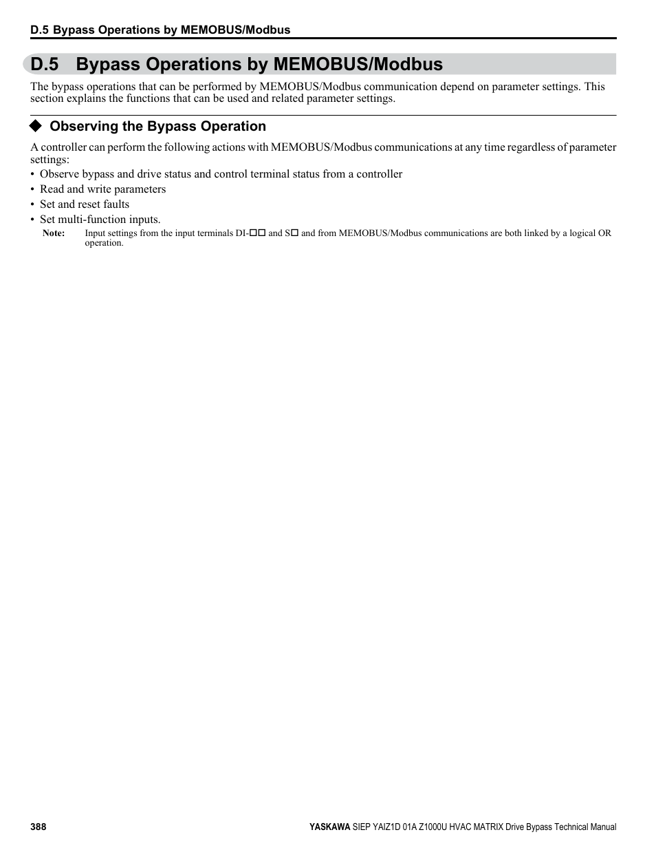 Bypass operations by memobus/modbus, Observing the bypass operation, D.5 bypass operations by memobus/modbus | Yaskawa Z1000U HVAC Matrix Bypass User Manual | Page 388 / 472