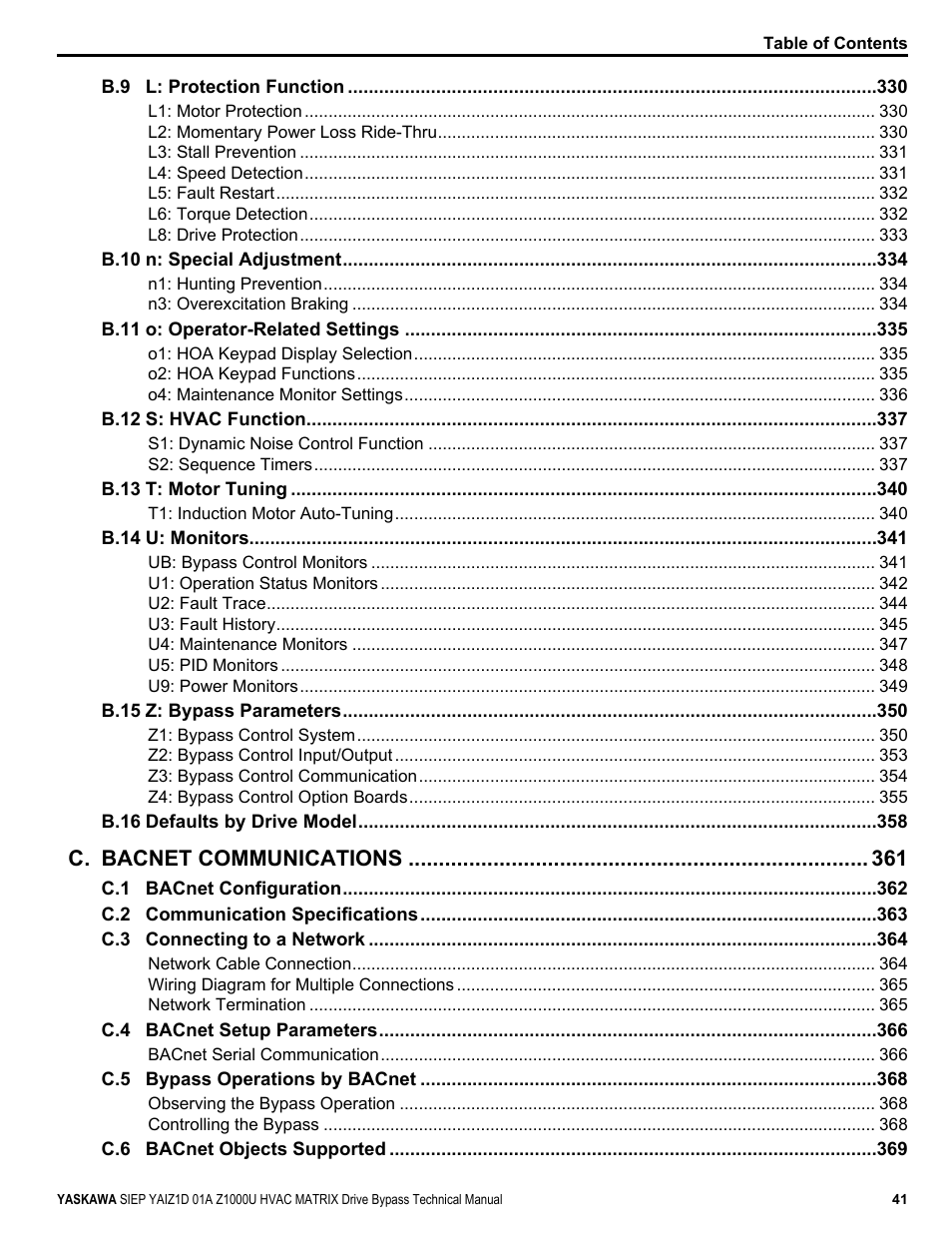 C. bacnet communications | Yaskawa Z1000U HVAC Matrix Bypass User Manual | Page 41 / 472