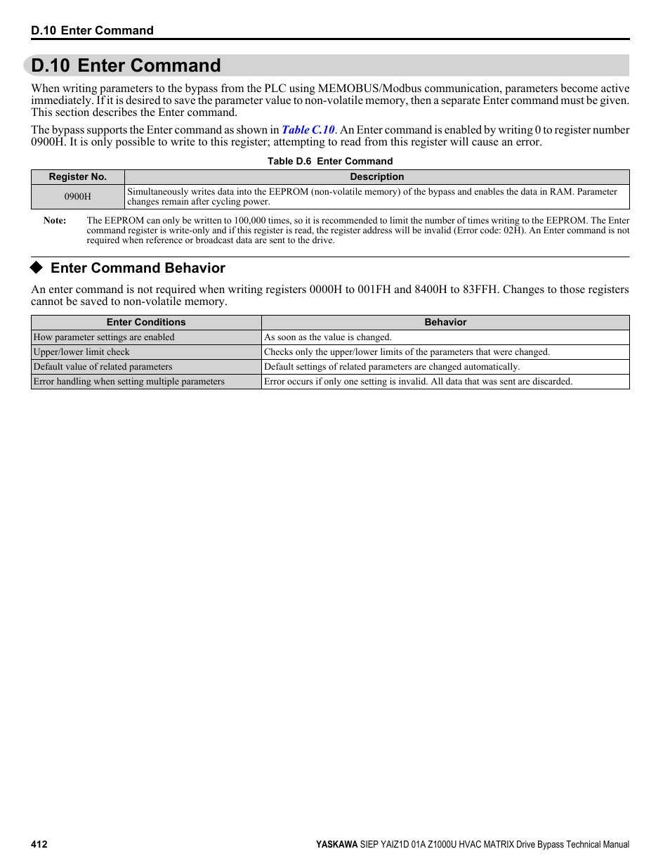 Enter command, Enter command behavior, D.10 enter command | Yaskawa Z1000U HVAC Matrix Bypass User Manual | Page 412 / 472