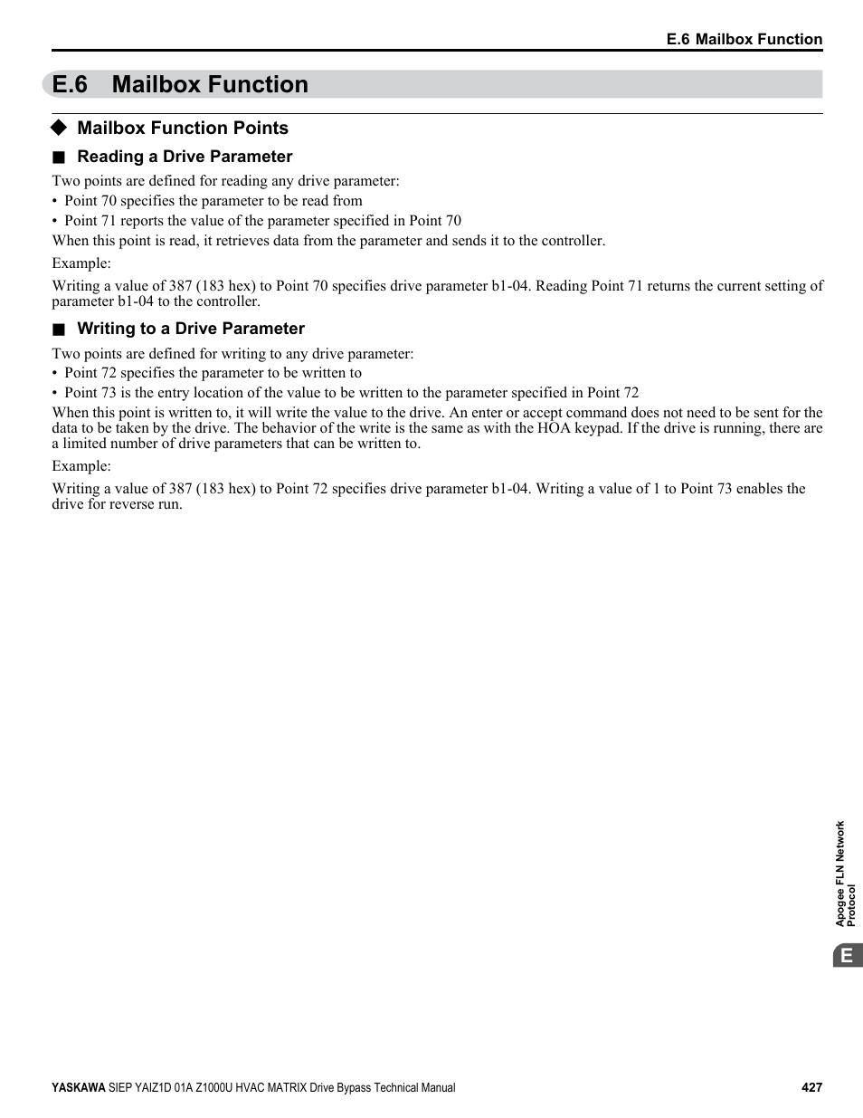 Mailbox function, Mailbox function points, E.6 mailbox function | Yaskawa Z1000U HVAC Matrix Bypass User Manual | Page 427 / 472