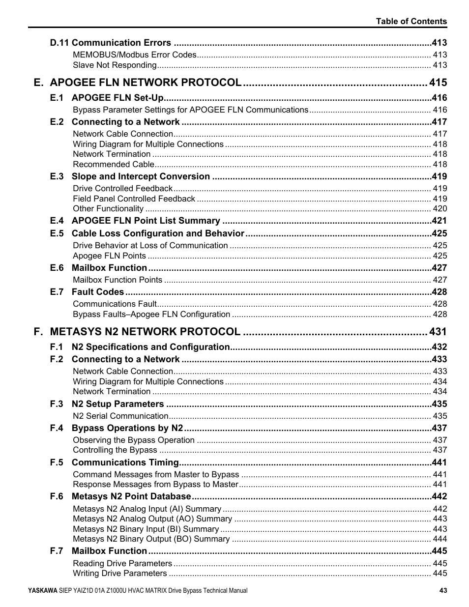 E. apogee fln network protocol, F. metasys n2 network protocol | Yaskawa Z1000U HVAC Matrix Bypass User Manual | Page 43 / 472