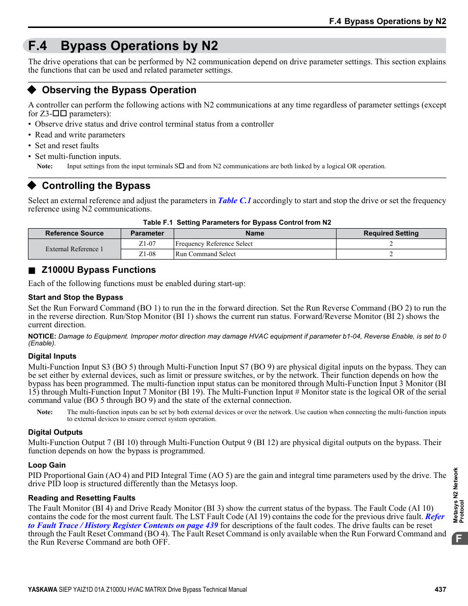 Bypass operations by n2, Observing the bypass operation, Controlling the bypass | F.4 bypass operations by n2 | Yaskawa Z1000U HVAC Matrix Bypass User Manual | Page 437 / 472